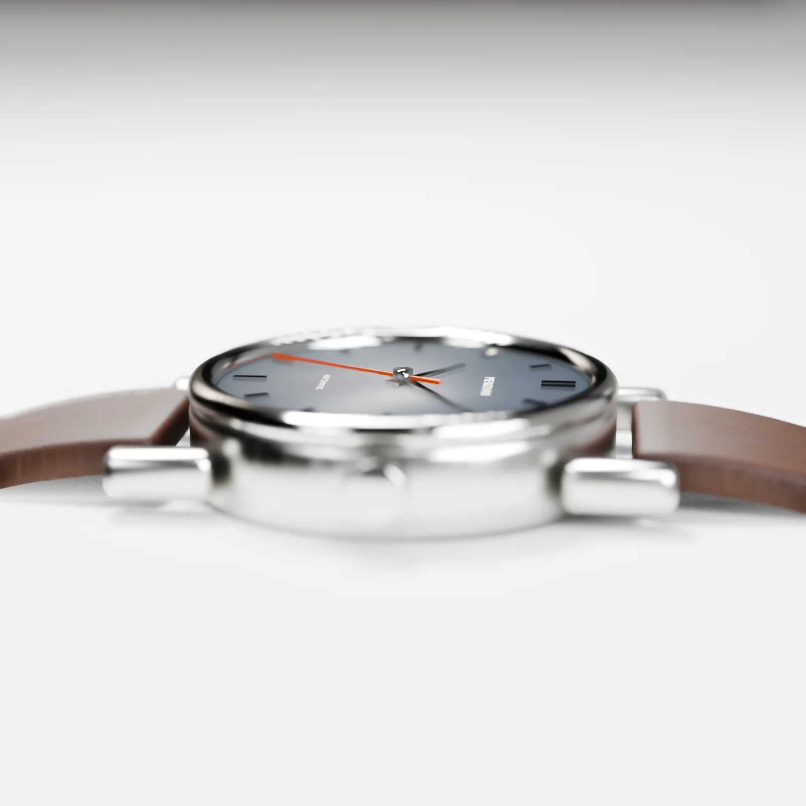 The Meridian in profile: crown, polished bezel and the brushed case side